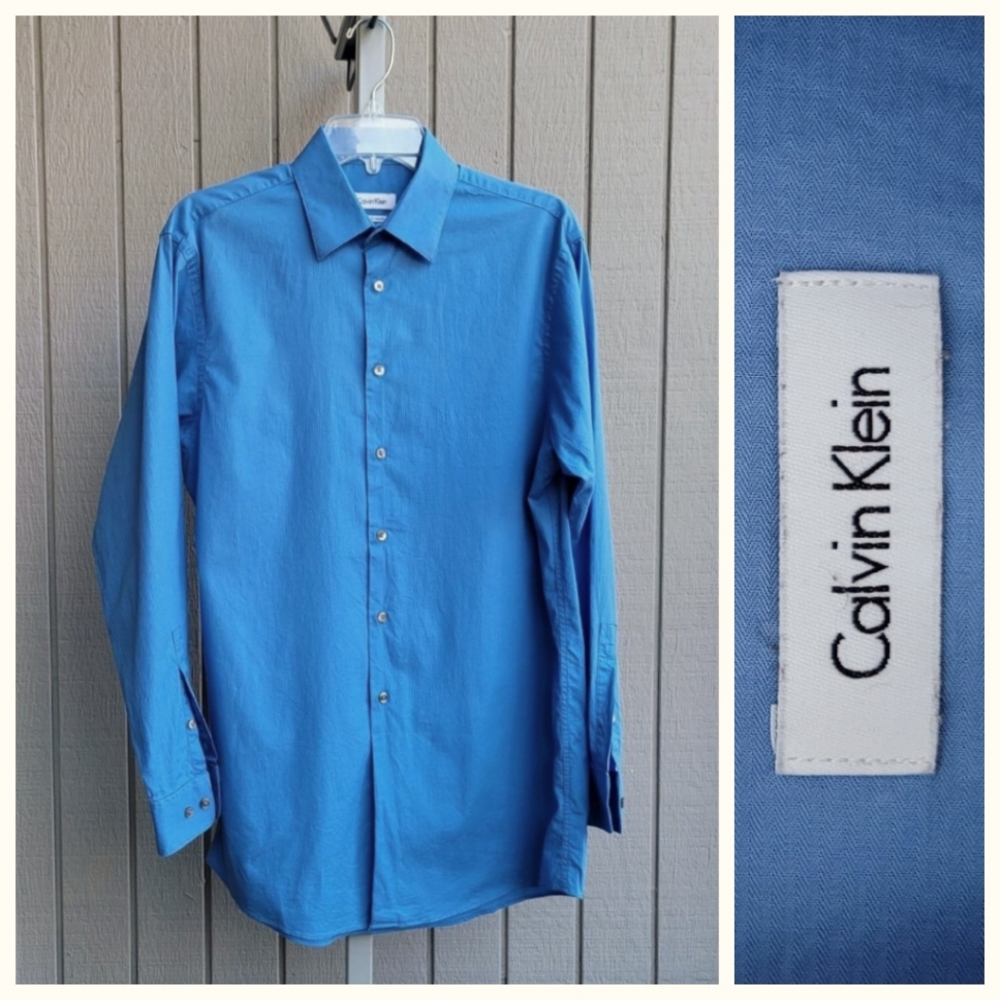 CK | Stretch Herringbone 15 32/33 Shirt • Sky Blue Calvin Klein Men Work Casual